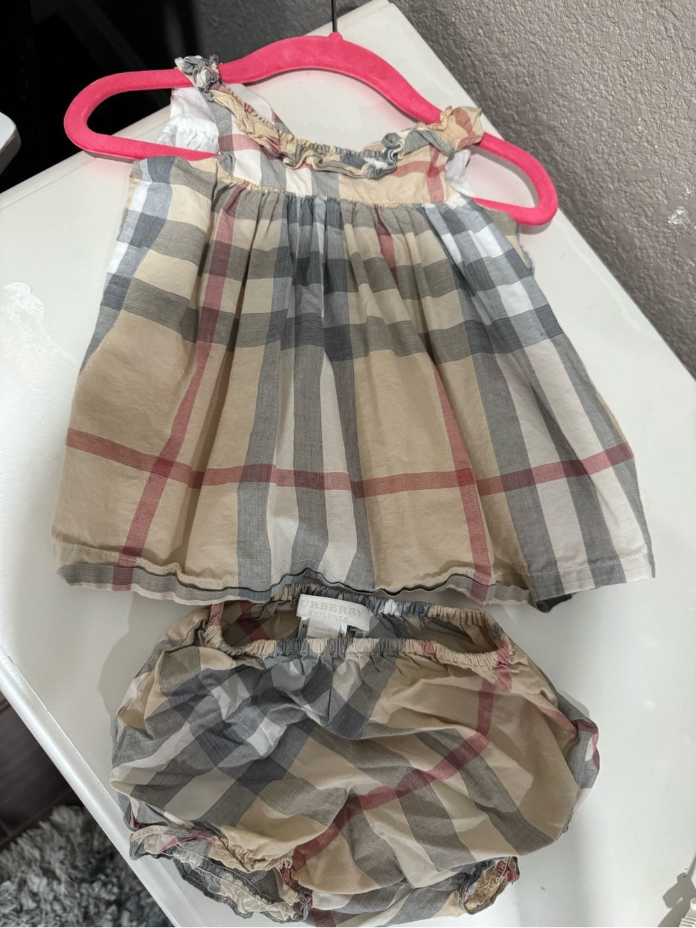Burberry Beige Plaid Baby Top and Bloomers with Pink Accents